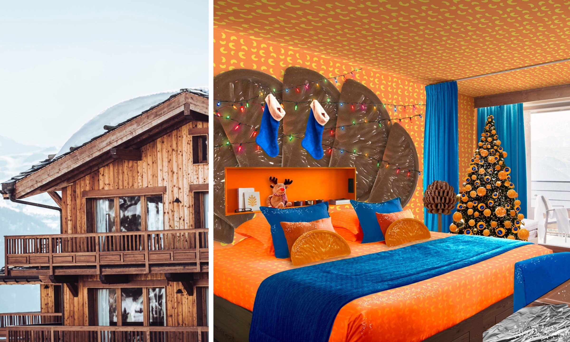 A cabin and a very orange bed