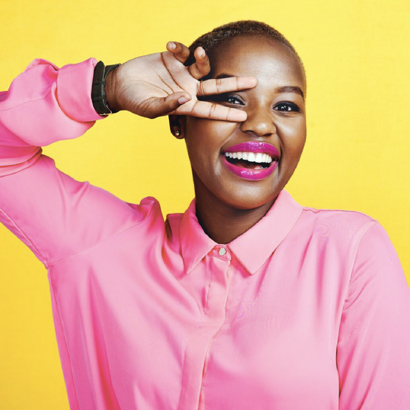 Woman smiling with hand gesture