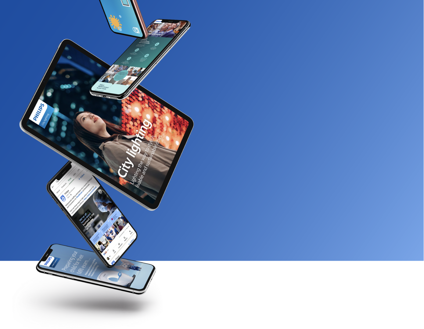 Phones and tablets stacked up, displaying Philips socials and brochures/documents