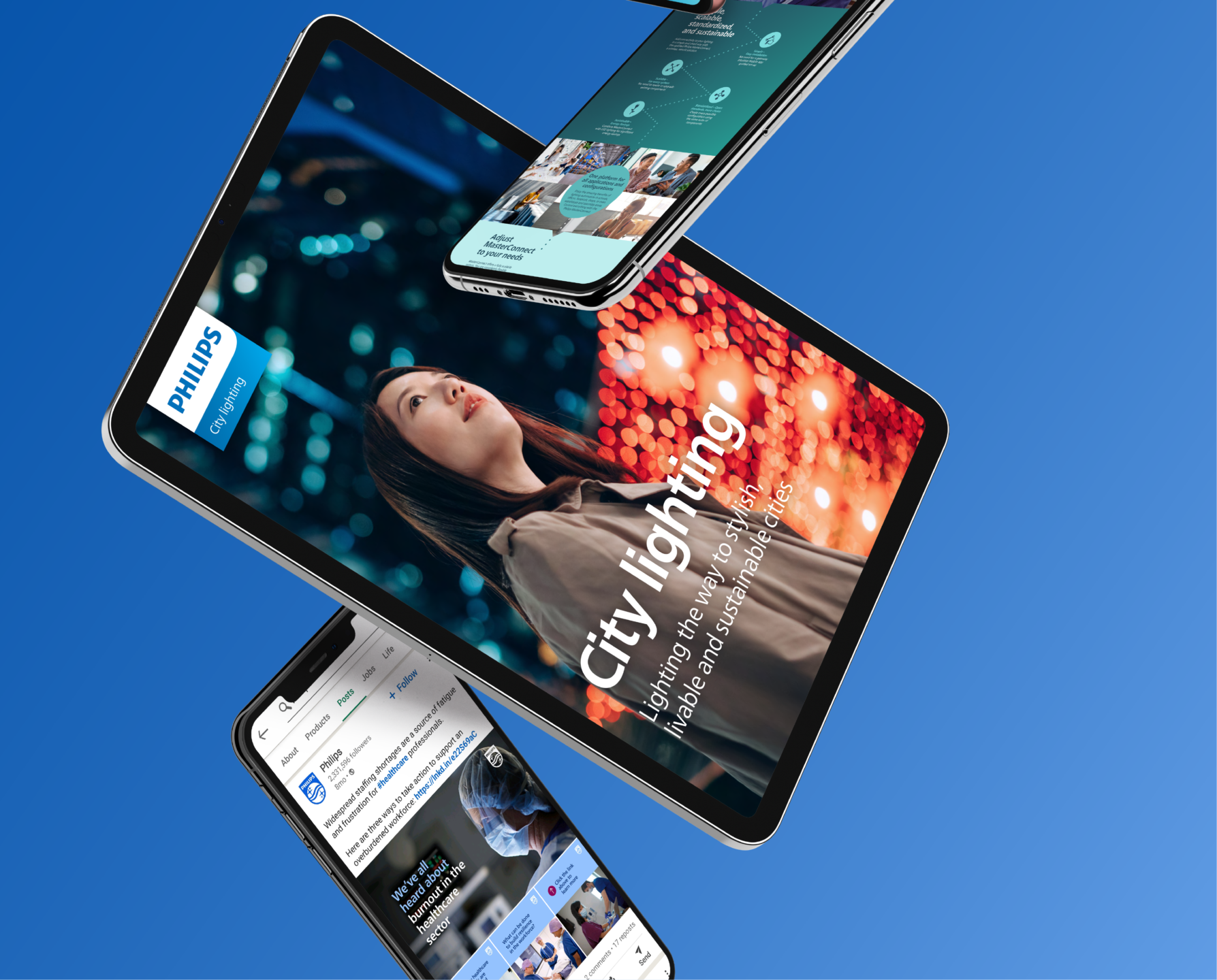 Phones and tablets stacked up, displaying Philips socials and brochures/documents