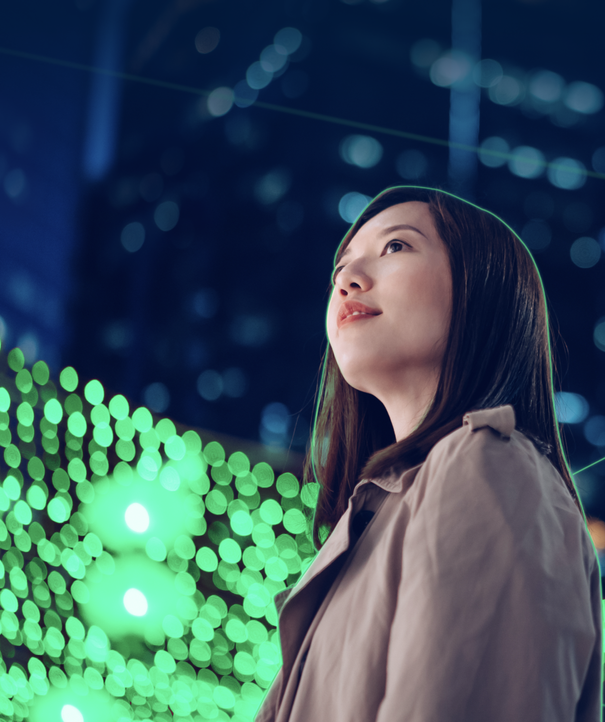 Woman in city, green-lit backdrop