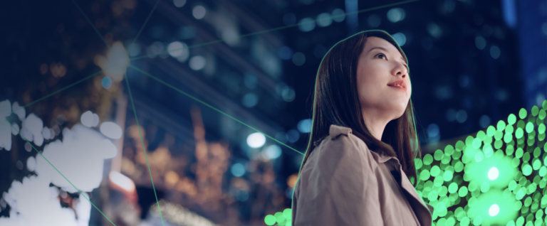 Woman in city, Green lit backdrop