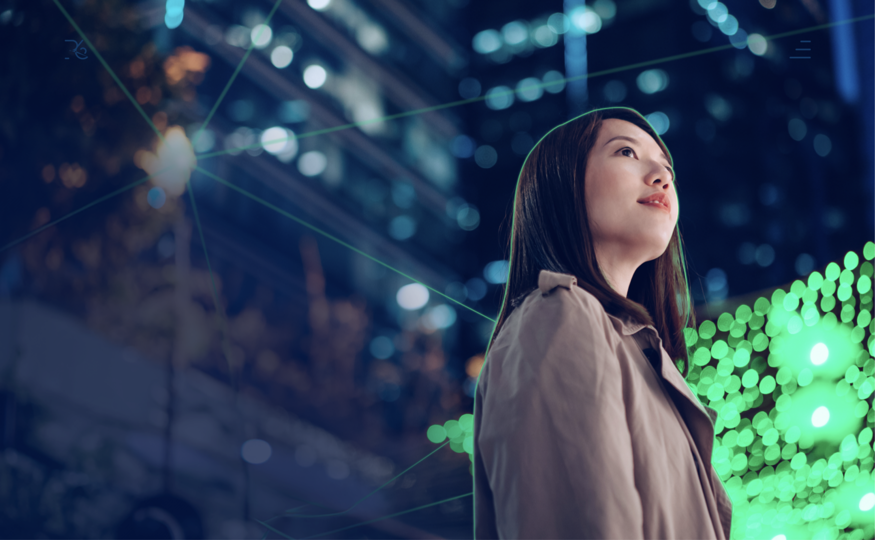 Woman in front of a green city backdrop
